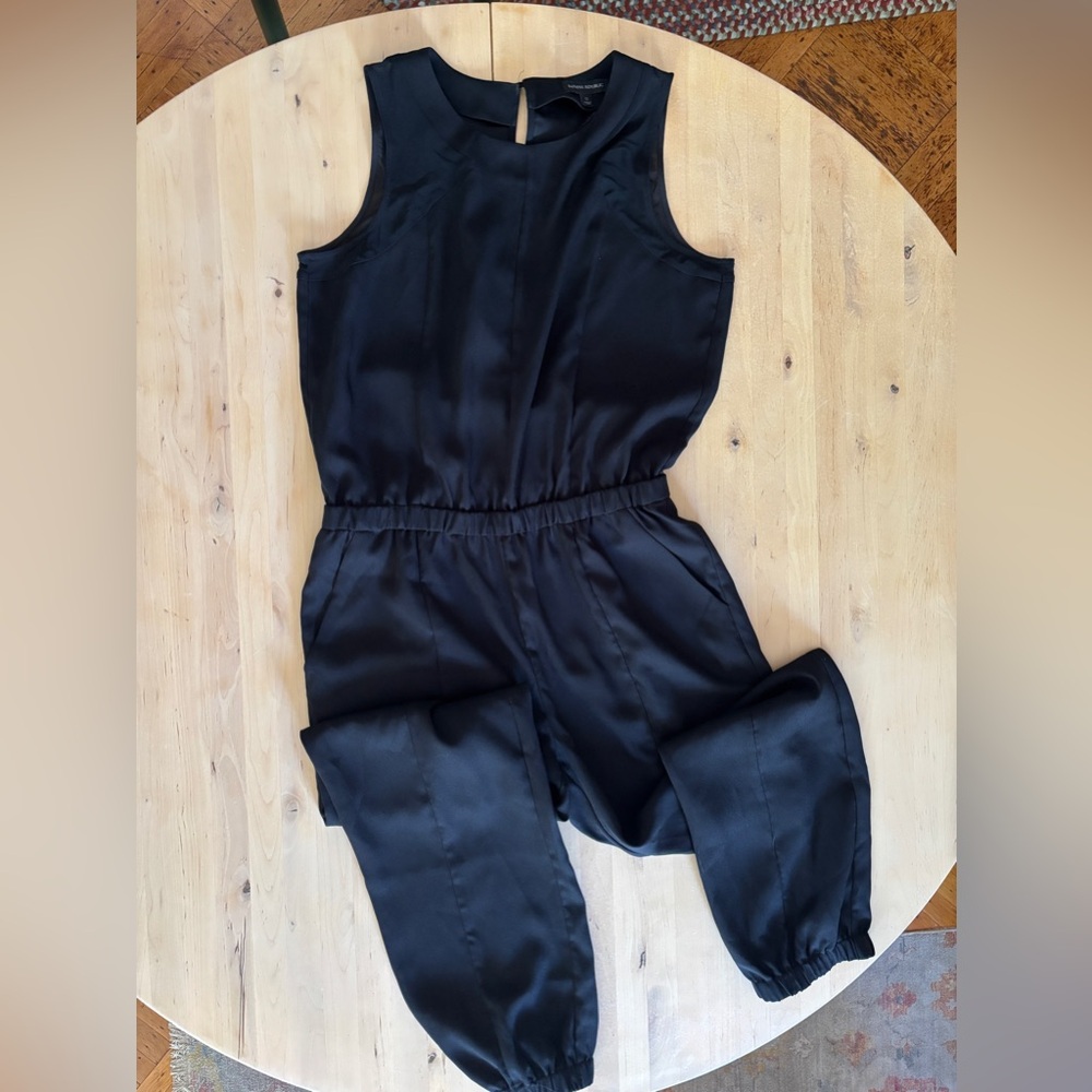 Banana Republic Black Sleeveless Satin Jumpsuit with Elastic Waist